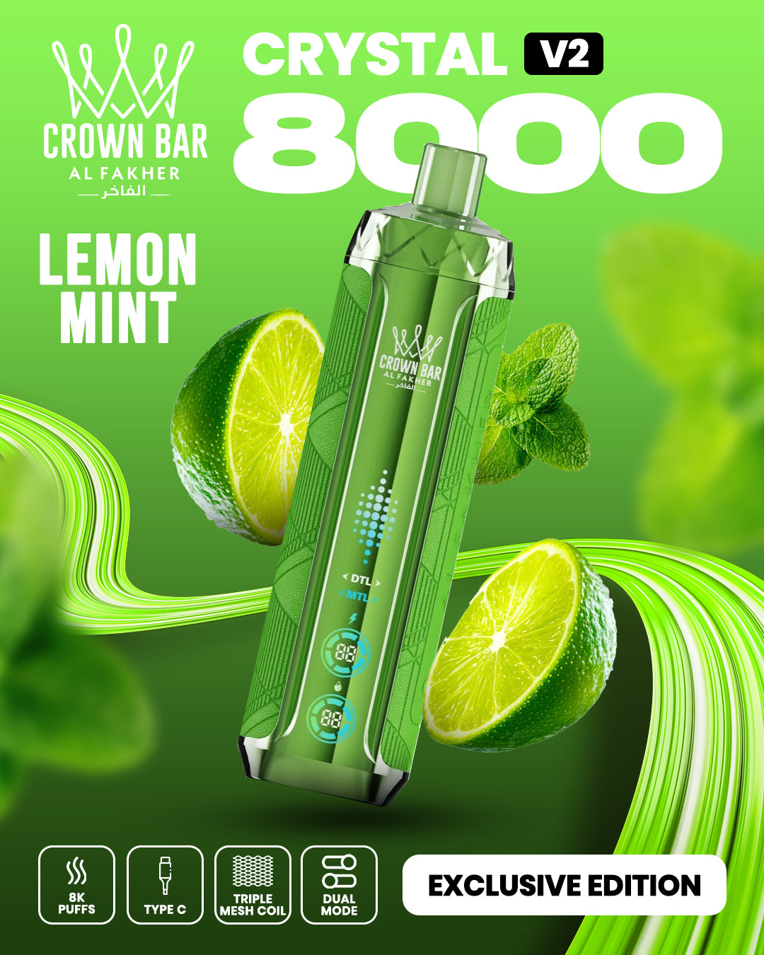 Al Fakher Crown Bar Crystal V2 8000 Lemon Mint