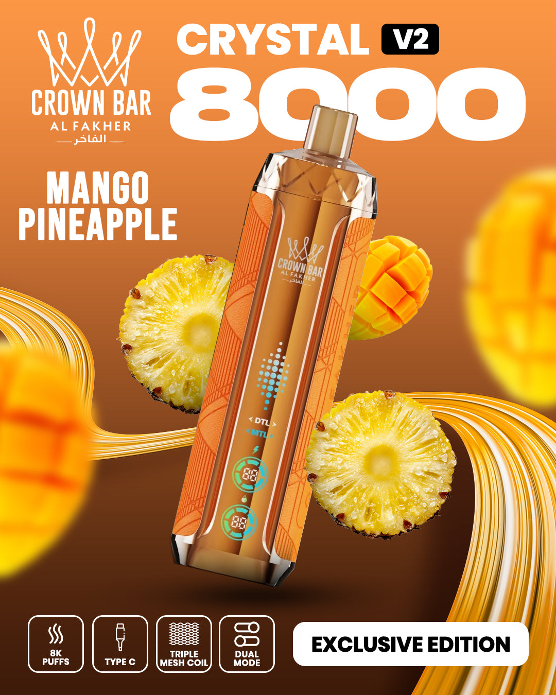 Al Fakher Crown Bar Crystal V2 8000 Mango Pineapple – Vape mit bis zu 8.000 Zügen