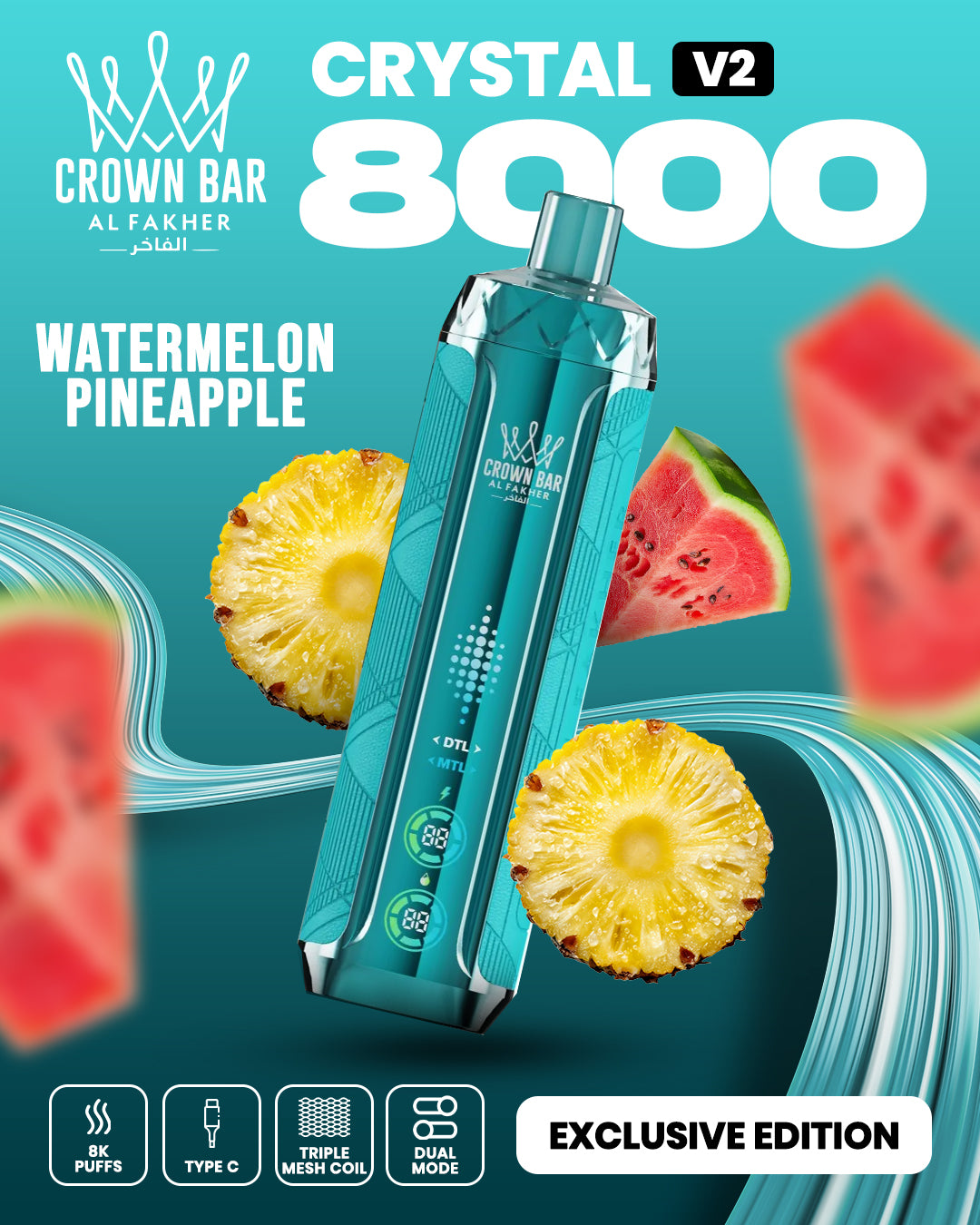 Al Fakher Crown Bar Crystal V2 8000 Watermelon Pineapple