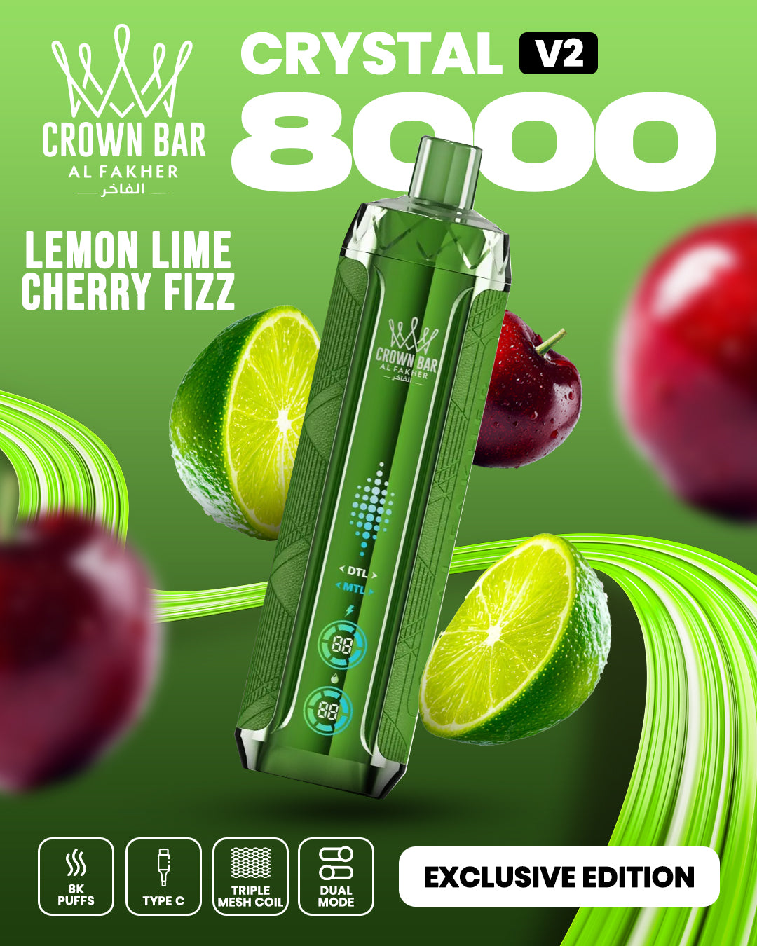 Al Fakher Crown Bar Crystal V2 8000 Lemon Lime Cherry Fizz