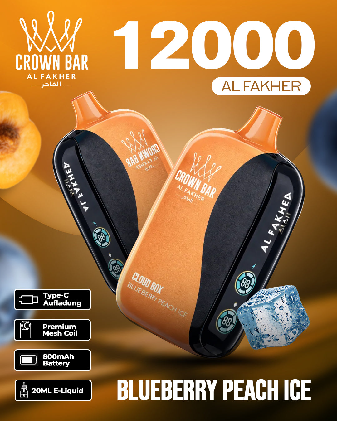 Al Fakher CrownBar Vape 12000 - Blueberry Peach Ice