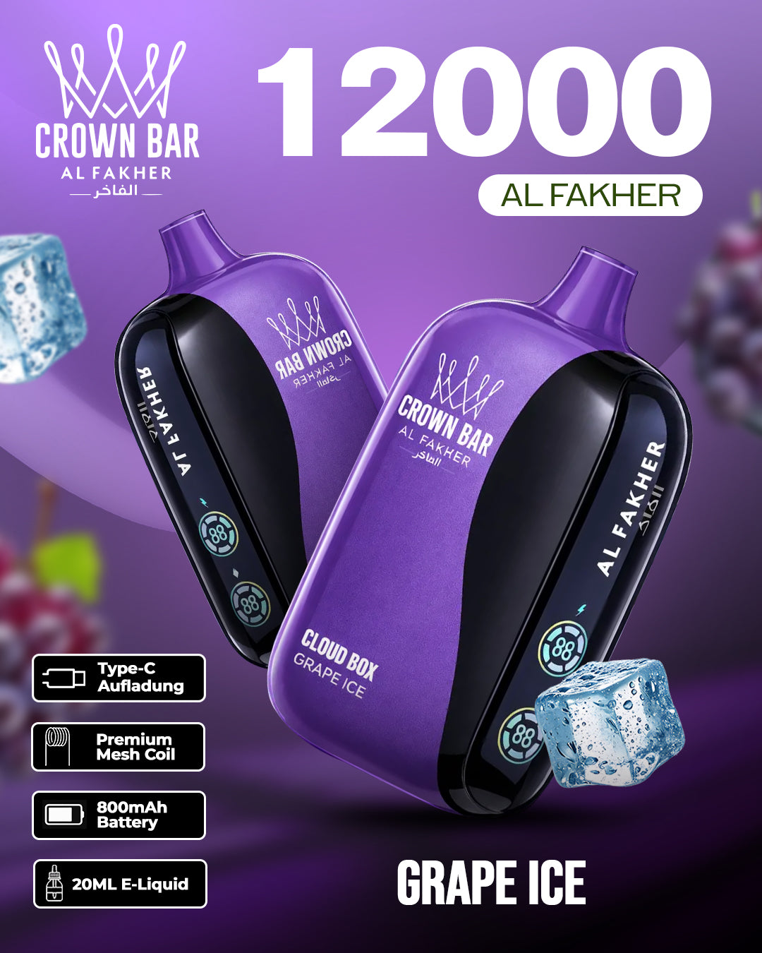 Al Fakher CrownBar Vape 12000 - Grape Ice