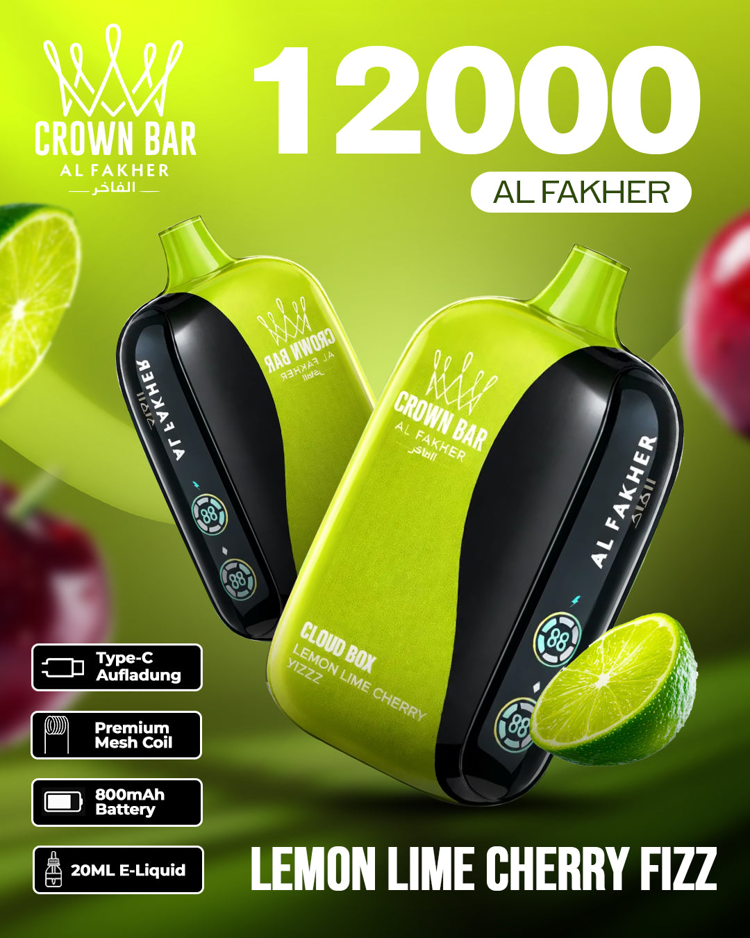 Al Fakher CrownBar Vape 12000 - Lemon Lime Cherry Fizz