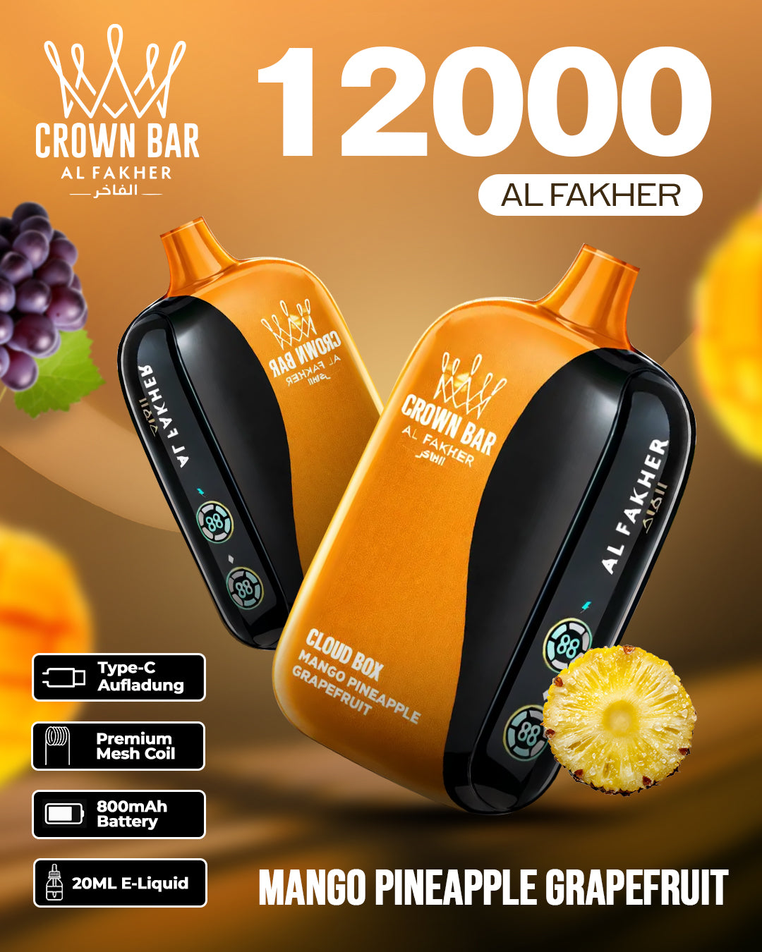 Al Fakher CrownBar Vape 12000 - Mango Pineapple Grapefruit