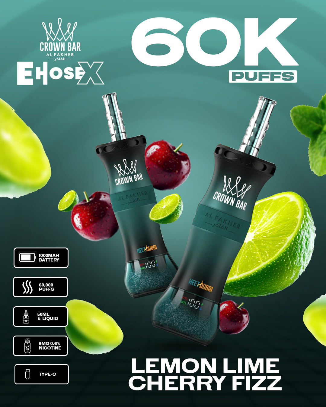 Al Fakher Vape CrownBar 60000 - Lemon Lime Cherry Fizz